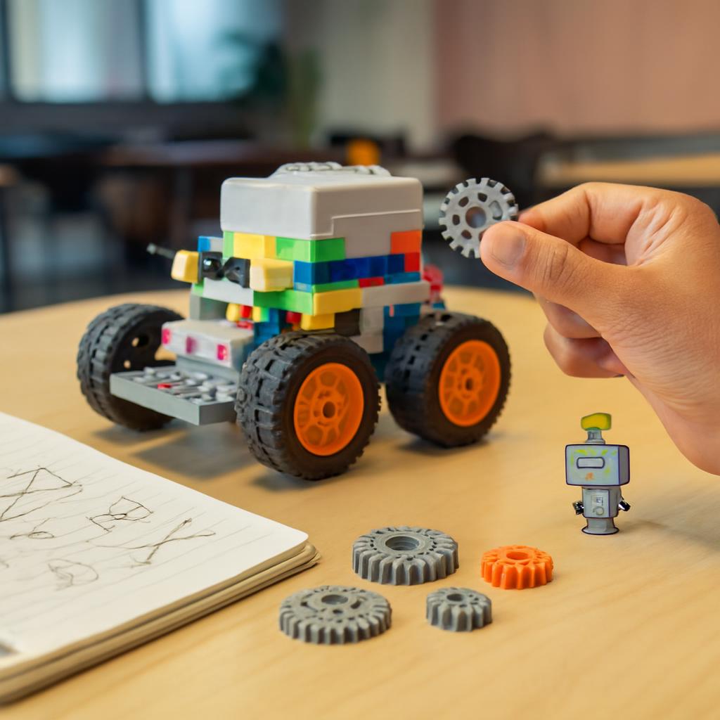 作業台の上に、何度も作り直した跡のあるロボットの部品と、メモの書かれたノートが並んでいる