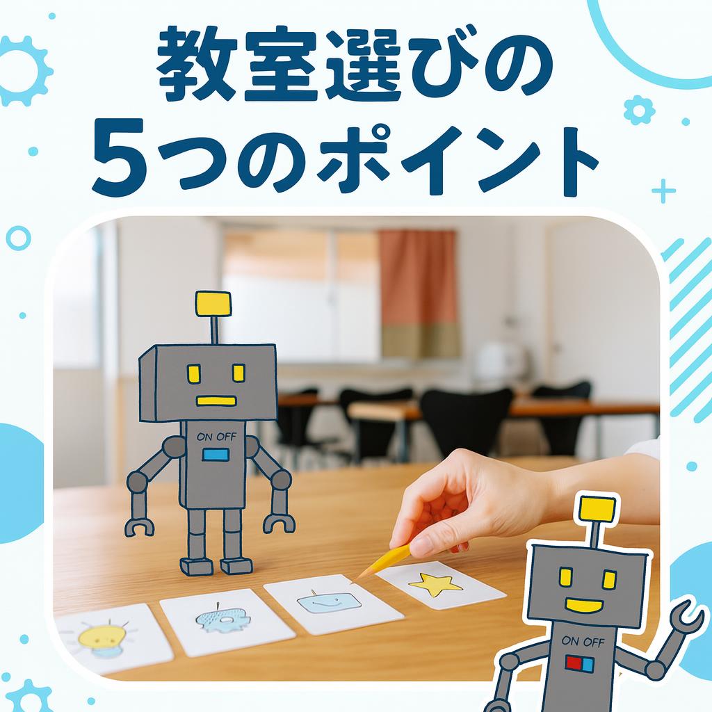 電球・歯車・ロボットの絵が描かれた3枚のカードと鉛筆、その後ろに立つ小さなロボット