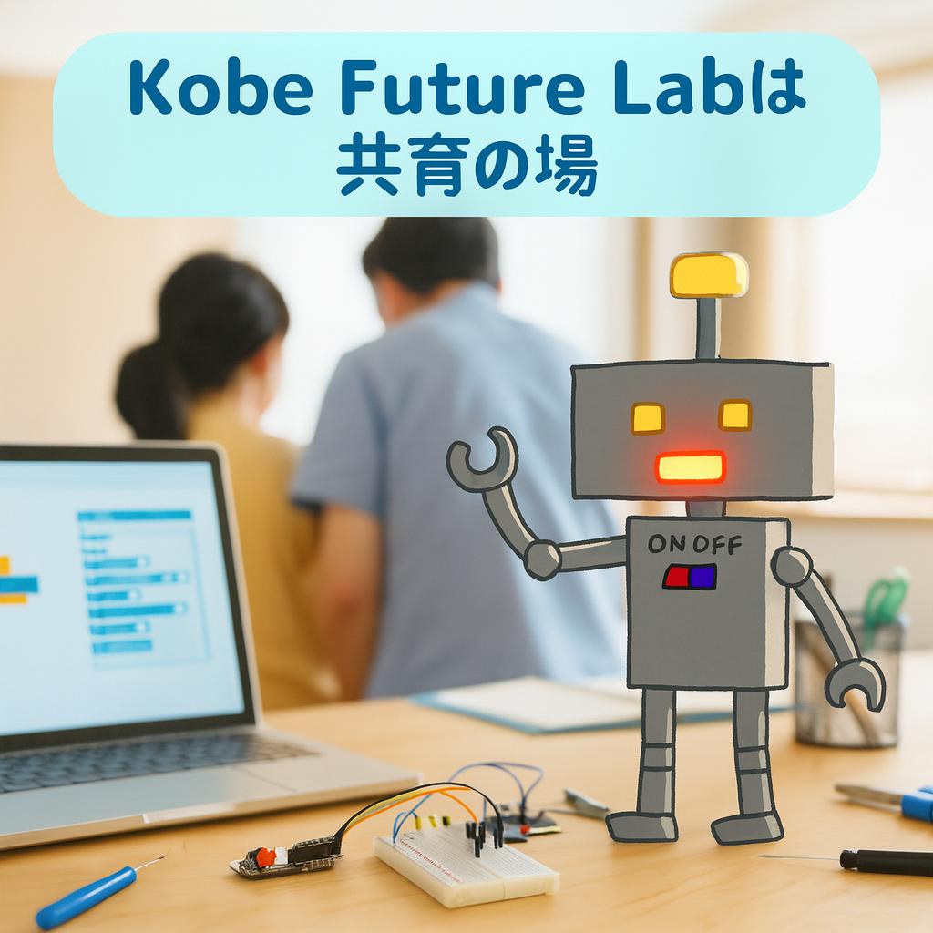 LEDが光る組み立て途中のロボットとパソコン、奥で作業台をのぞき込む大人と子どもの後ろ姿
