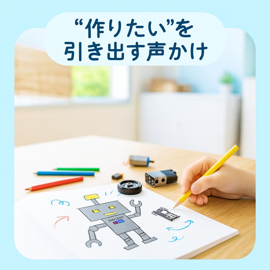 スケッチブックに描かれたロボットのアイデア画の横に、色鉛筆と組み立て用の部品が置かれている
