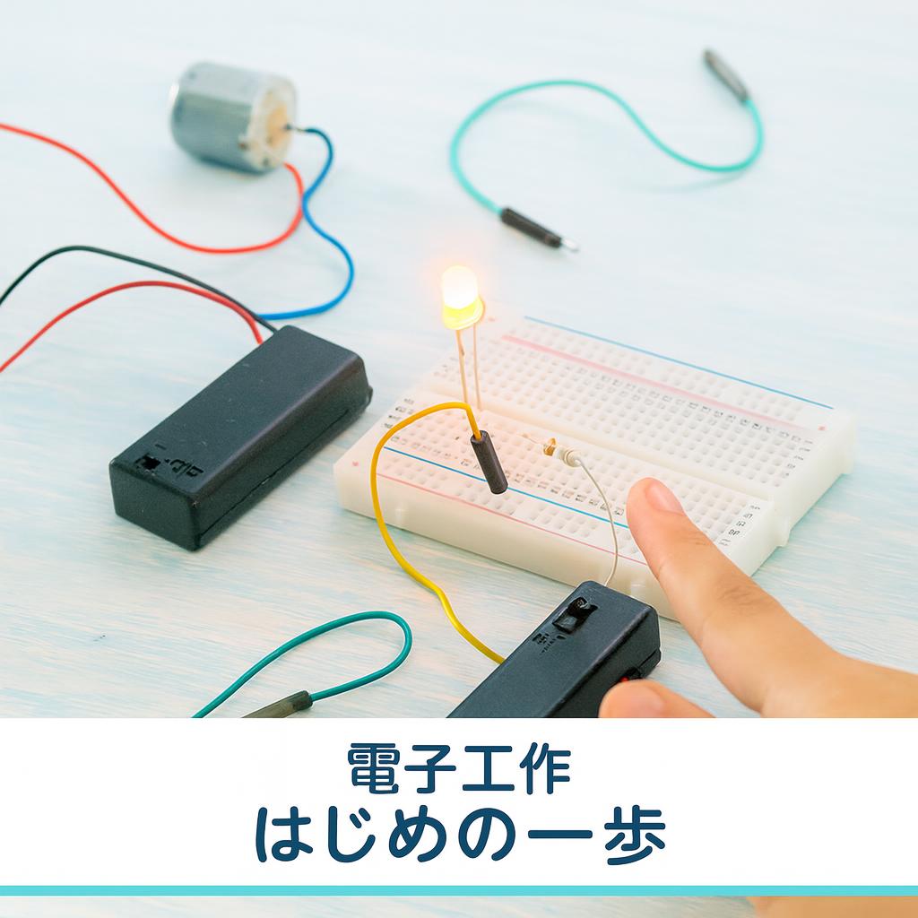 LEDが光るブレッドボードと配線、電池ボックス、小さなモーターを並べた電子工作セット