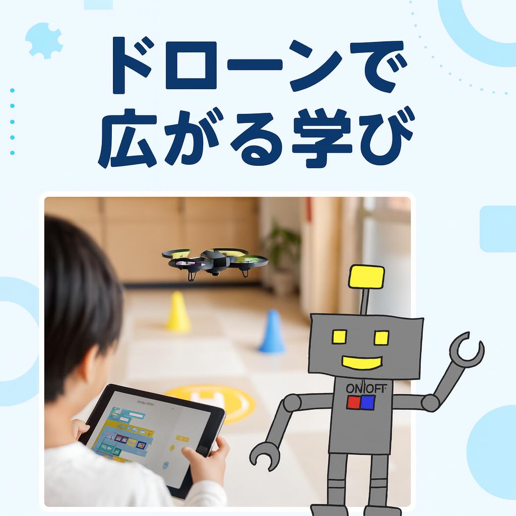 着陸パッドの上に浮かぶ小型ドローンと、タブレットで飛行ルートを操作する子どもの後ろ姿