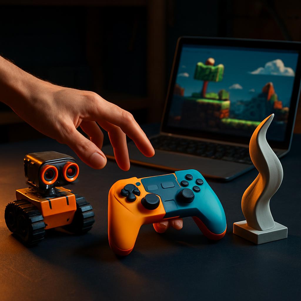 琥珀色の光の作業台に斜めに並ぶ自作ロボット、ゲーム画面のノートパソコンとコントローラー、3Dプリント作品