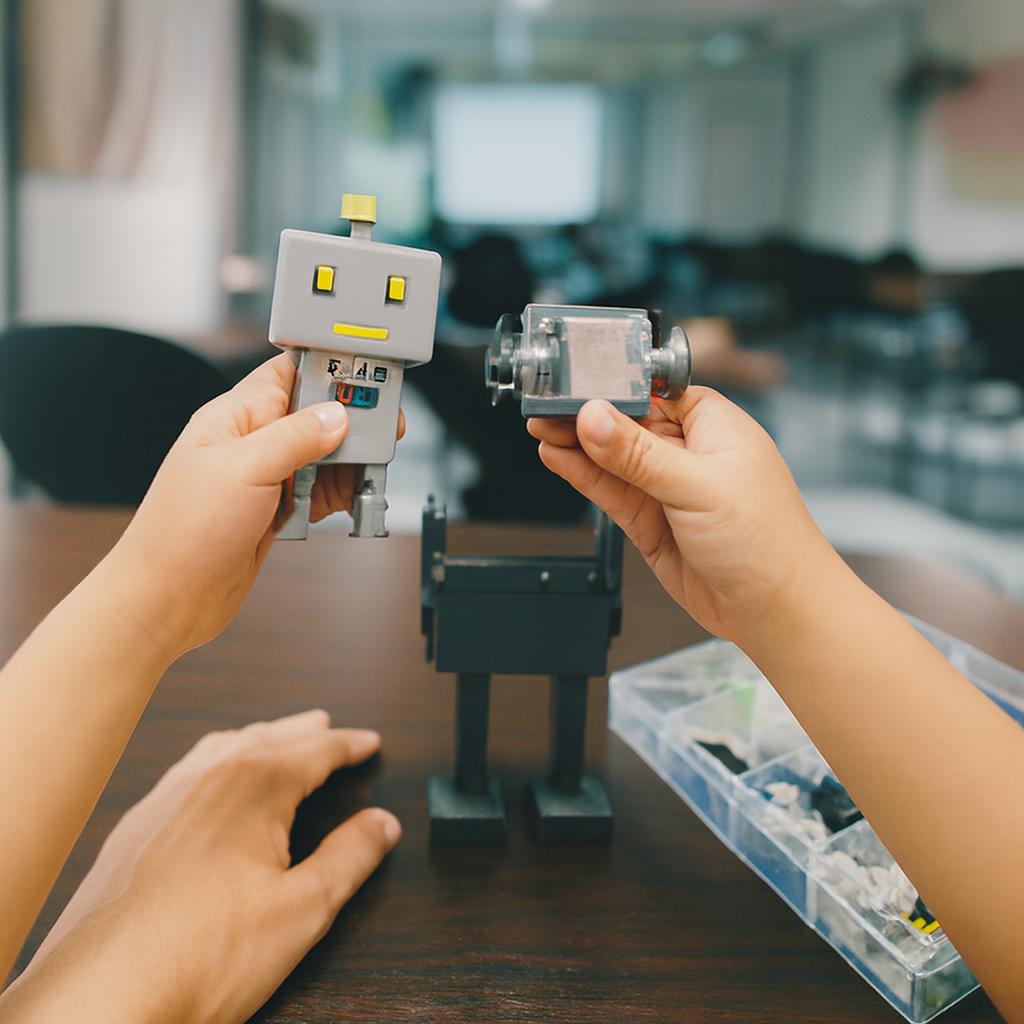 光にかざしたロボットの部品2つを見比べる子どもの手元と、テーブルの上の部品箱と組み立て途中のロボット