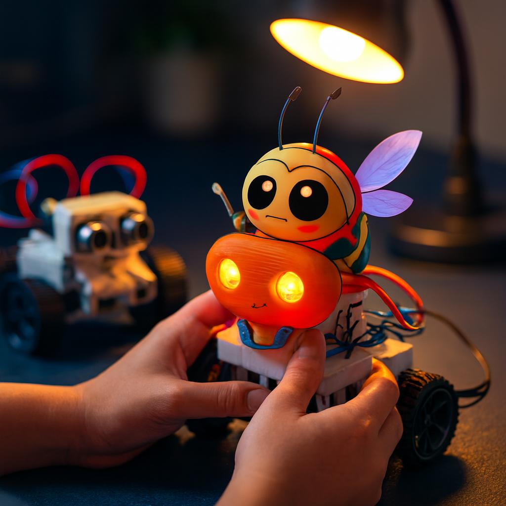 標準キットのロボットに、LEDの目がついたオレンジ色の3Dプリント外装を取りつける子どもの手元