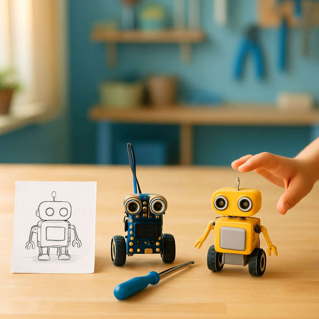 作業台に並ぶロボットのアイデアスケッチ、組み立て途中のロボット、完成したロボットと、それに手を伸ばす子どもの手